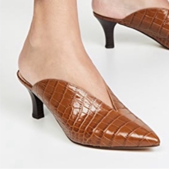 Club Monoco Italian Nahdine Kitten Heel Mules Croc-Embossed Cowhide Caramel 7.5 - Picture 1 of 15